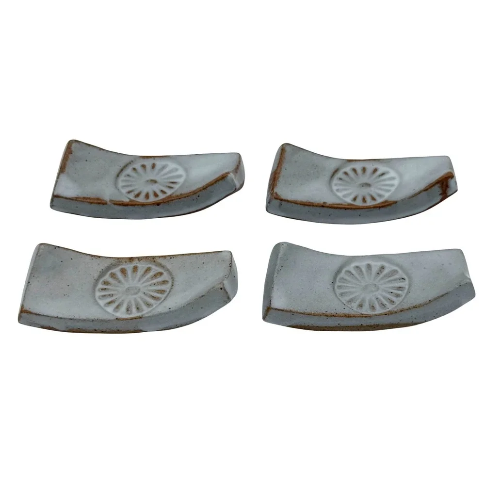 4 Handmade Stoneware Chopstick Rests – Rustic Floral Medallion, Greige Glaze
